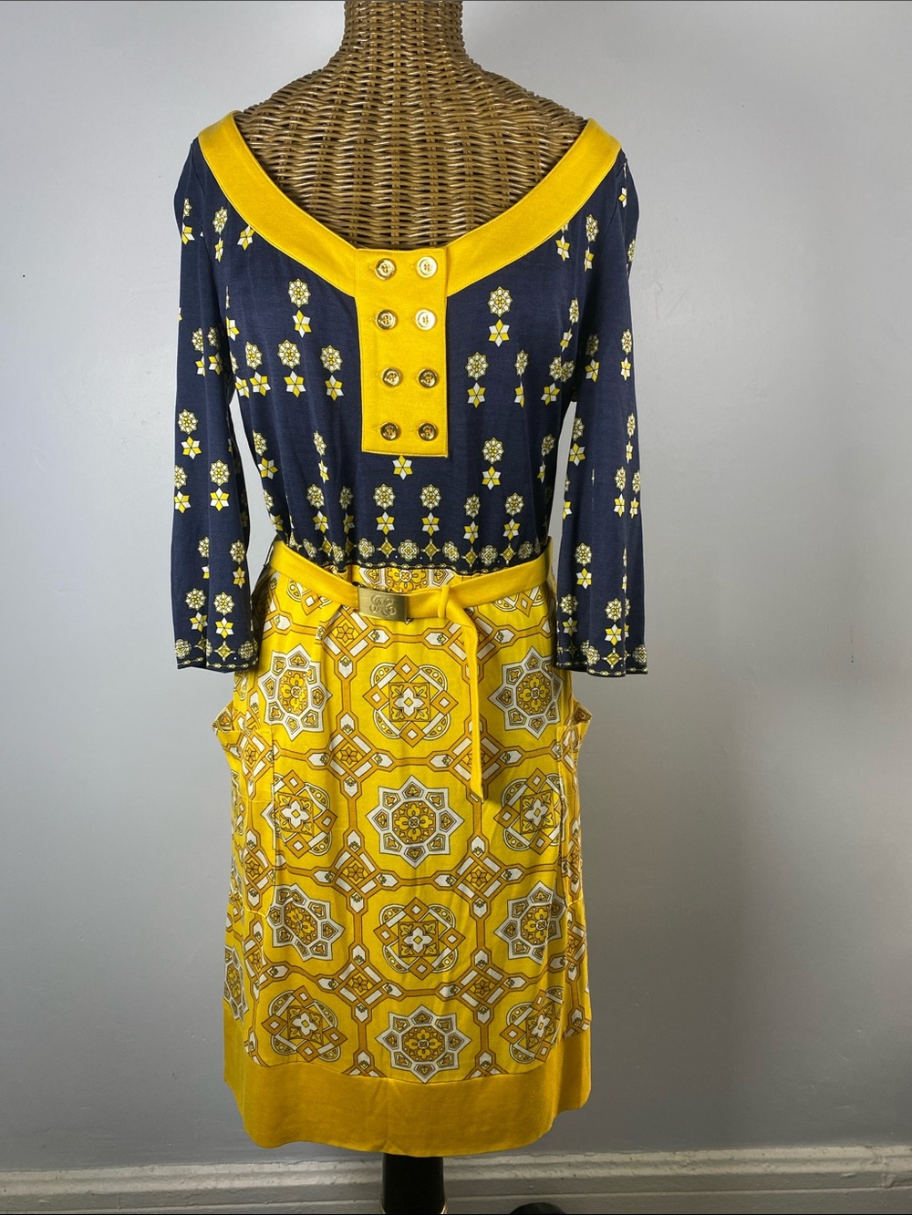 Juicy Couture Navy and Yellow Floral Tile Belted Midi Dress
